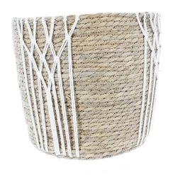 Korb Mit Makramee-Verzierung - Aus Naturgras - Ca. 31 X 30 Cm